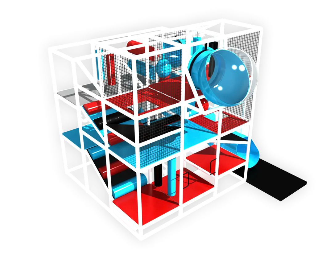 Estructura de parque infantil interior de varios niveles con plataformas rojas, azules y negras, túneles y un tobogán azul en espiral, todo encerrado en una estructura blanca con malla.