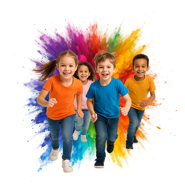 Cuatro niños diversos corriendo hacia la cámara con un fondo de salpicaduras de colores en tonos arcoíris.