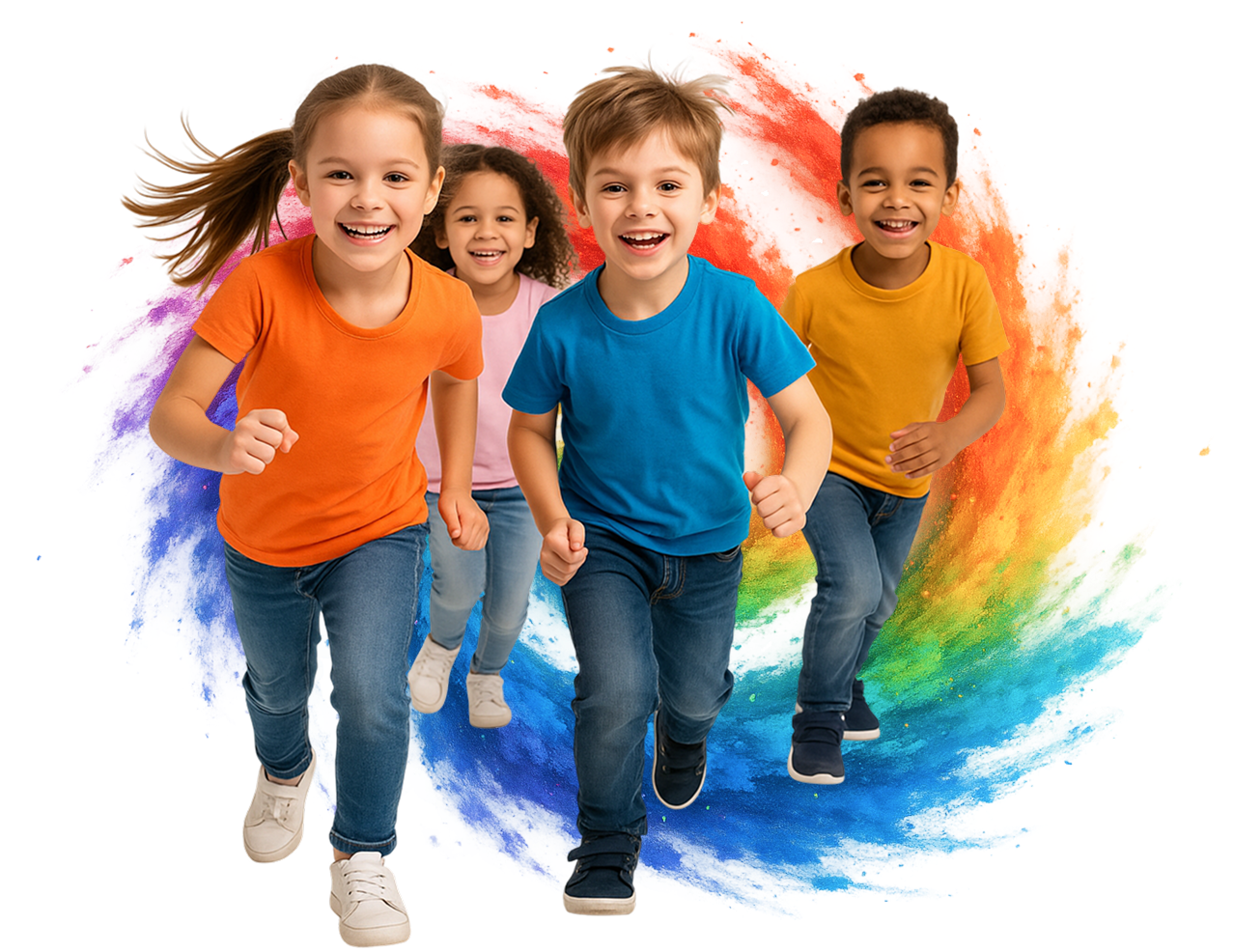 Cuatro niños sonrientes corriendo hacia adelante sobre un fondo de remolino arcoíris vibrante.