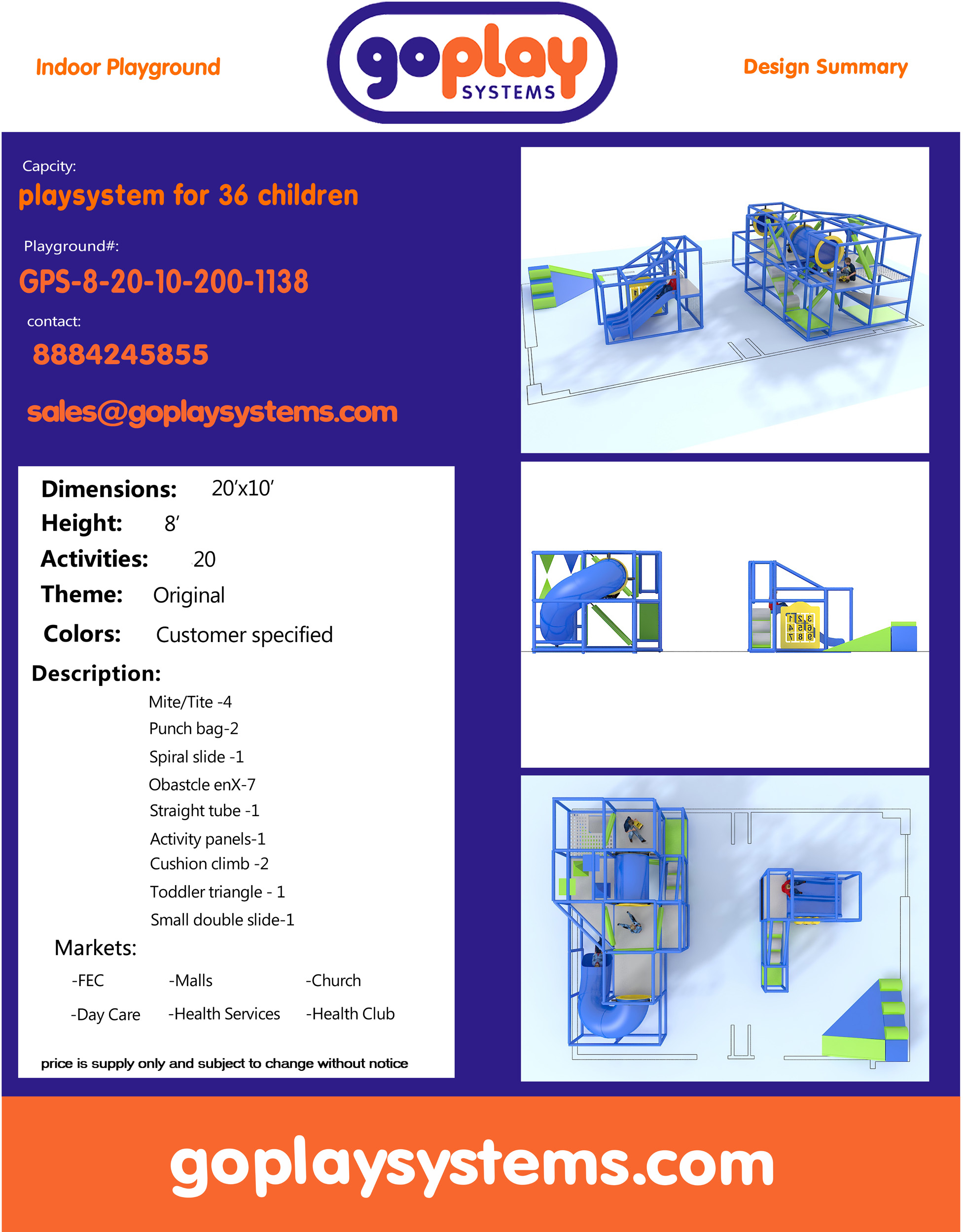 Parque infantil interior GPS1138 - 8 pies de alto x 20 pies de ancho x 10 pies. - Image 2