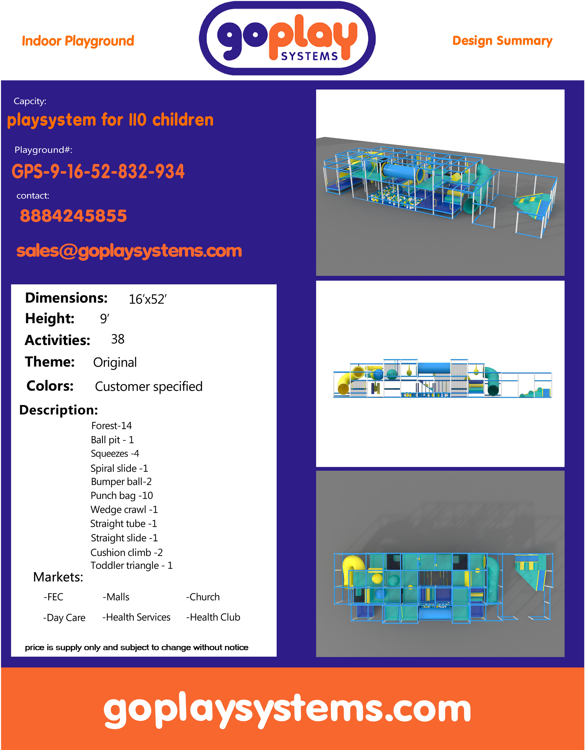 Indoor Playground GPS934 - 9 ft. H x 16 ft. W x 52 ft. - Image 2